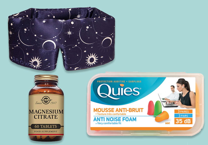 Drowsy Silk Sleep Mask, Quies Soft Foam Ear Protection Plugs, and Solgar Magnesium Citrate