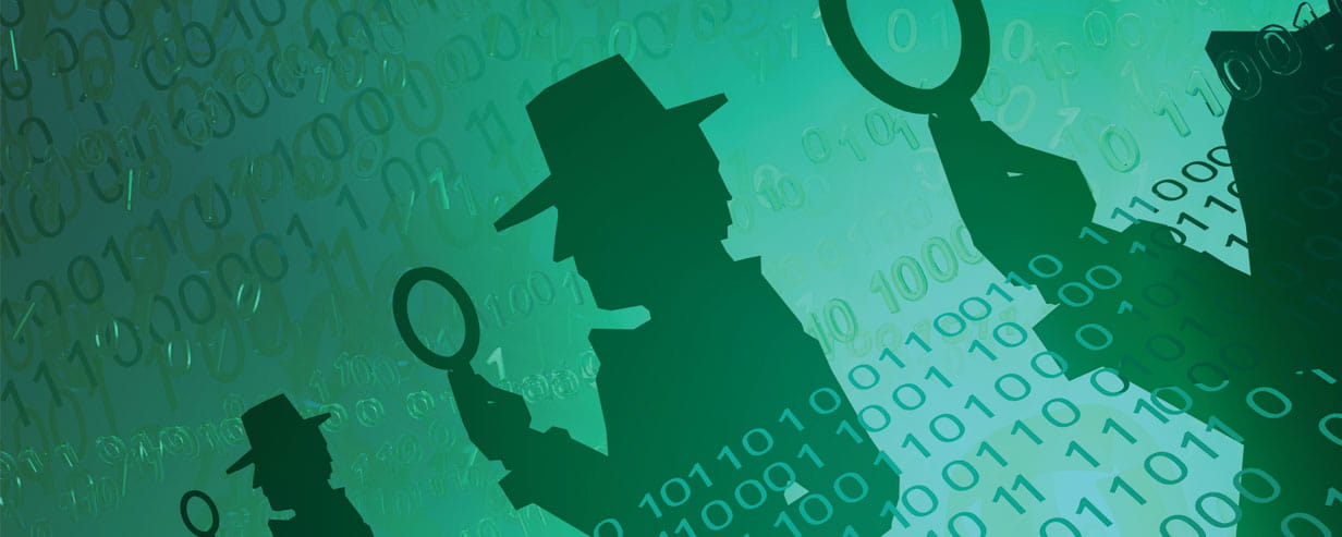 Abstract sillouette detective figures with magnifying glasses on a green field with 1s and 0s