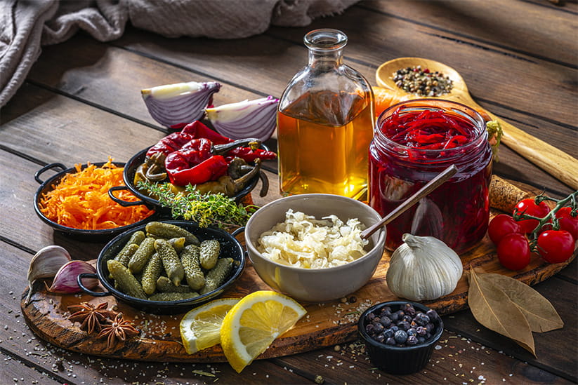 A spread of fermented food high in probiotics on a wooden table