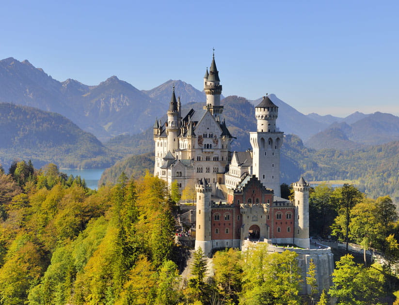 The Neuschwanstein castle in Bavaria, on a beautiful clear day