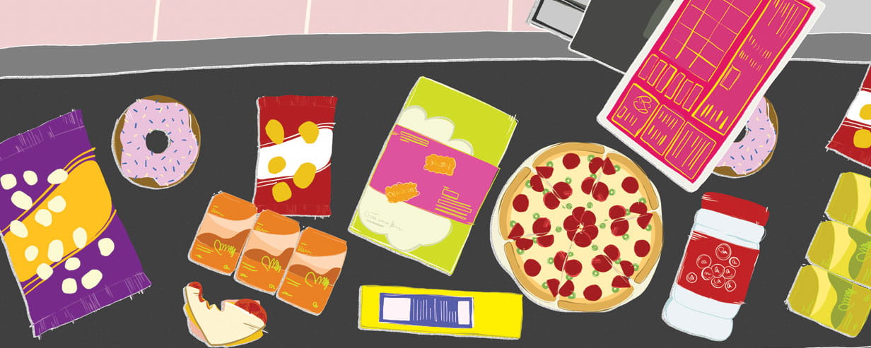Illustration of groceries on a supermarket conveyor belt including ready meals like pizza
