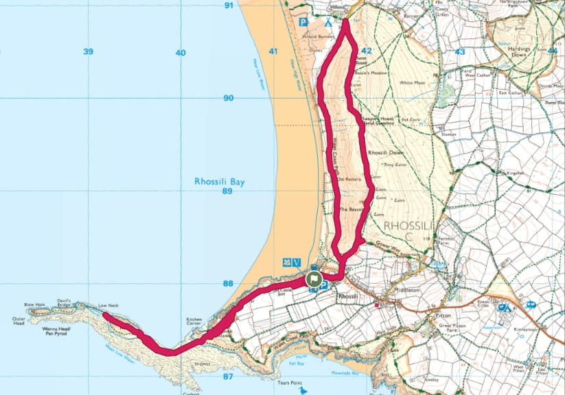 A map of the walking route at Rhossili Bay