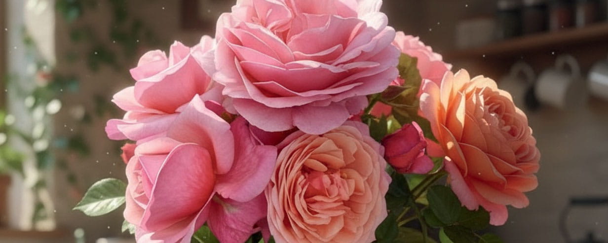 A bunch of pink, opened Saga roses in a vase