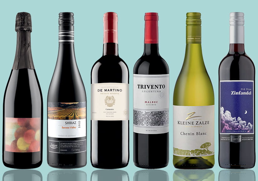 The mentioned wines aligned side-by-side on a light blue background