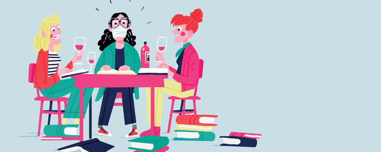 Colourful, stylised illustration of 3 people sitting around a table drinking wine surrounded by books