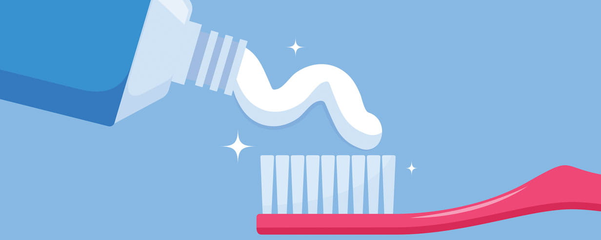 Illustration of a red toothbrush with white paste and blue tube of toothpaste on a lighter blue background