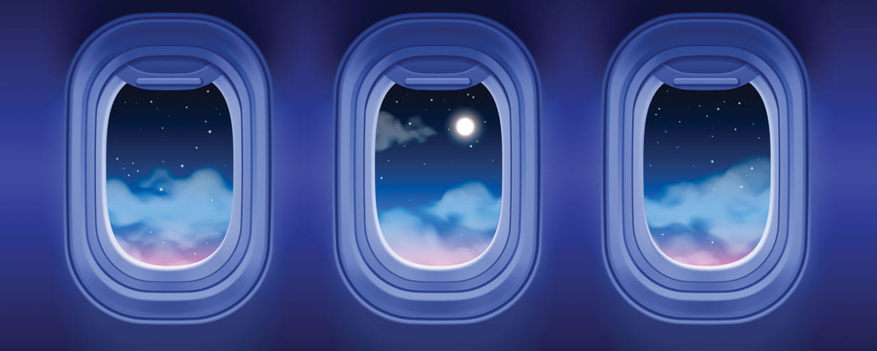 Realistic 3d vector illustration of night sky through 3 open aeroplane windows, with moon, stars and clouds outside