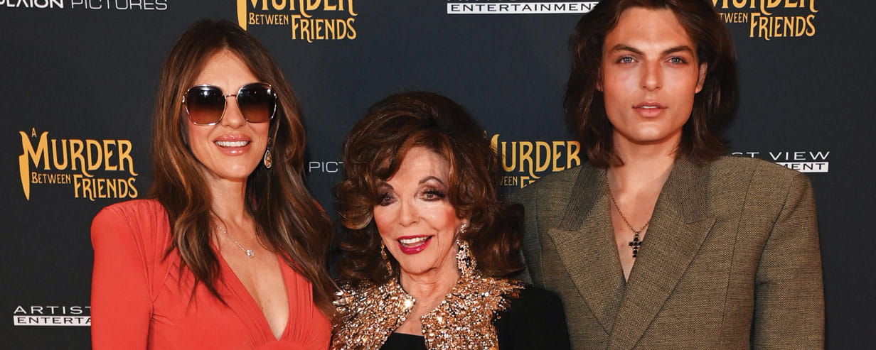 A Murder Between Friends" UK Premiere - VIP Arrivals London - June 02nd: (L-R) Elizabeth Hurley, Dame Joan Collins and Damian Hurley attend the UK Premiere of "A Murder Between Friends" at The Curzon Mayfair