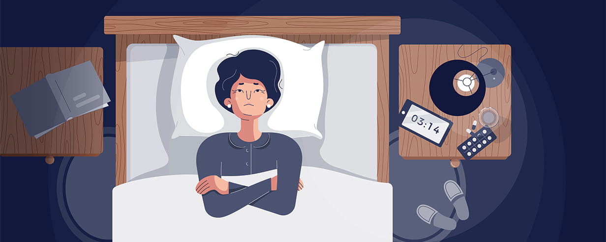 Illustration of mature woman insomniac lying awake in bed looking up trying to sleep.