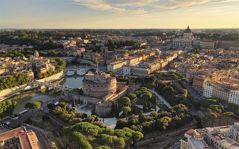 Aerial View of Rome’s Historic Core - Tiber River, Castel Sant’Angelo and Vatican City