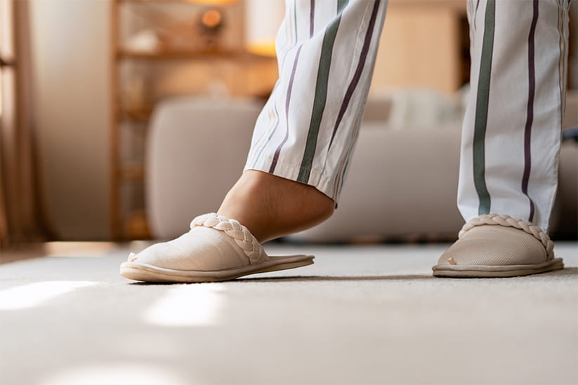 Person wearing striped pajamas and soft slippers, stepping on a cozy carpet, enjoying a calm morning at home
