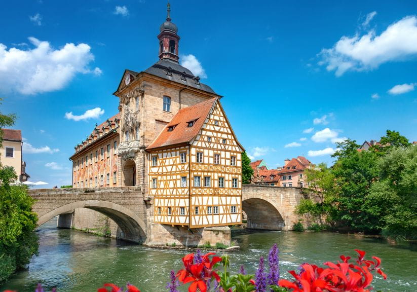 Bamberg town hall on a bridge over the river in the heart of of the historic old town