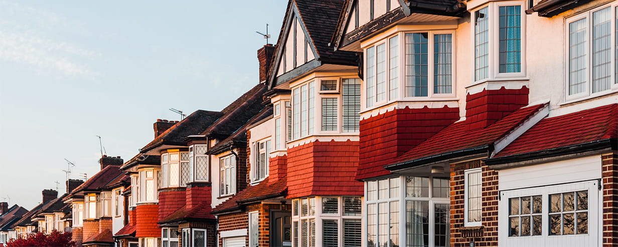 A view of London houses at sunset