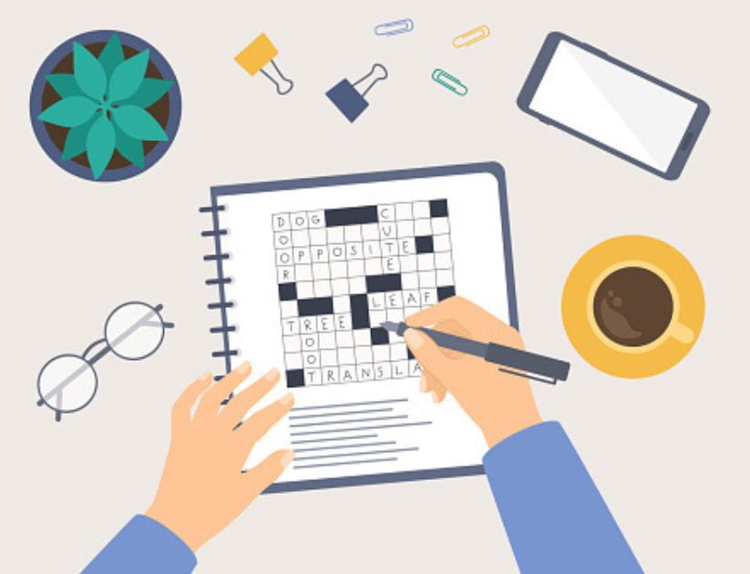 An illustration of a person solving a crossword puzzle