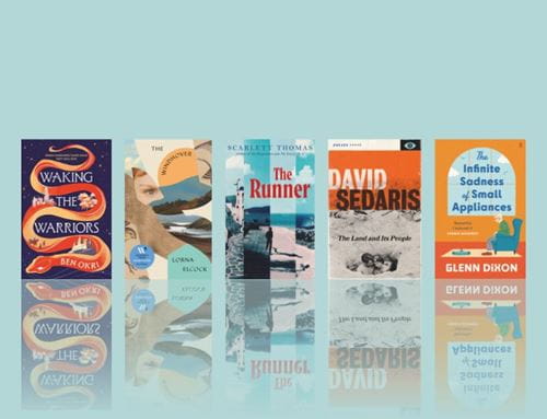 August books arranged side by side with a light blue background