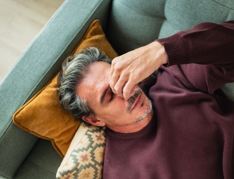 Man resting on couch and feeling fatigued