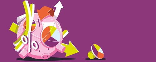 Illustrated piggy bank globe with pie chart continents 