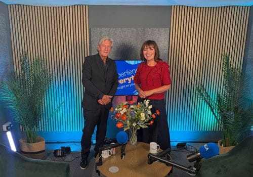 Nigel Havers and Lorraine Kelly standing either side of a TV showing the Experience is Everything podcast logo