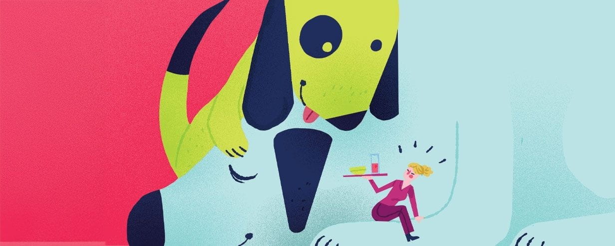 A cartoon of a woman being annoyed by a dog