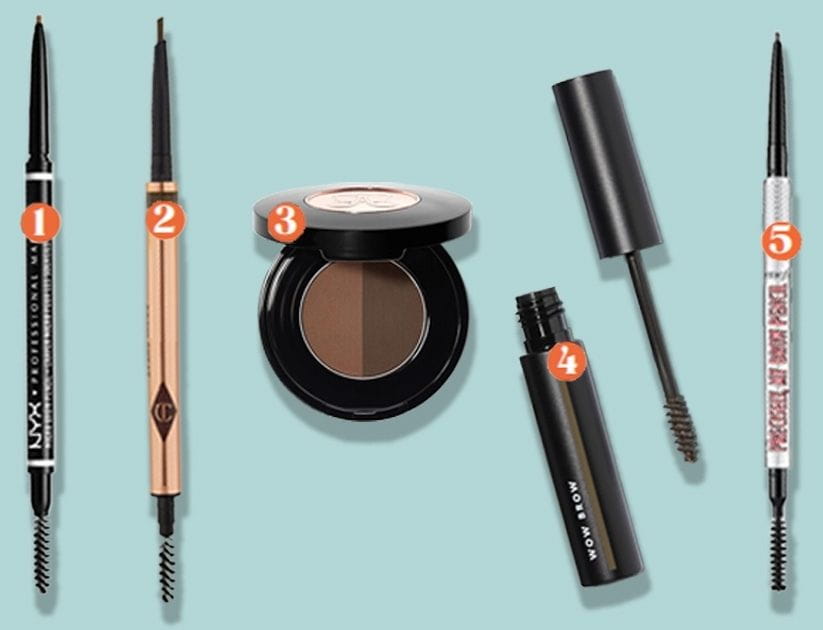 Five eyebrow products are displayed and labelled with numbers