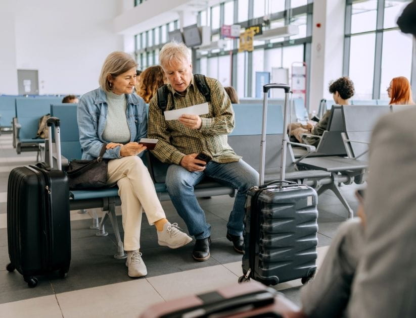 Two travelers sit as they await their airport flight whilst looking at heir flight details