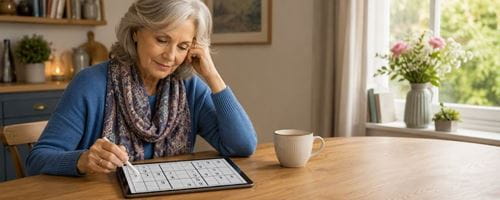 A mature woman plays a game of hard sudoku on an electronic tablet whilst sat at a kitchen table
