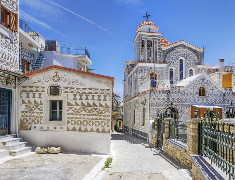 Narrow alleys of old town Pyrgi in Chios Island, Greece.