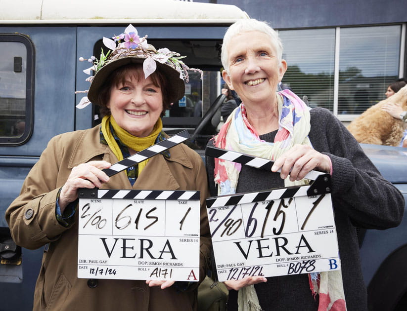 Brenda Blethyn dressed as Vera (left) with author Ann Cleeves (right) on set