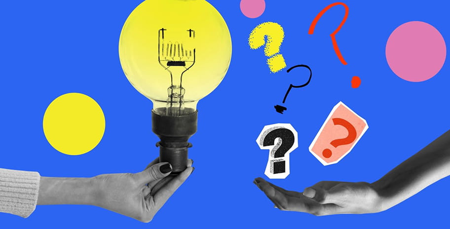 An illustration of floating question marks and a lightbulb being held by hands