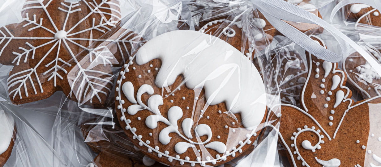 Iced biscuits in cellophane packages