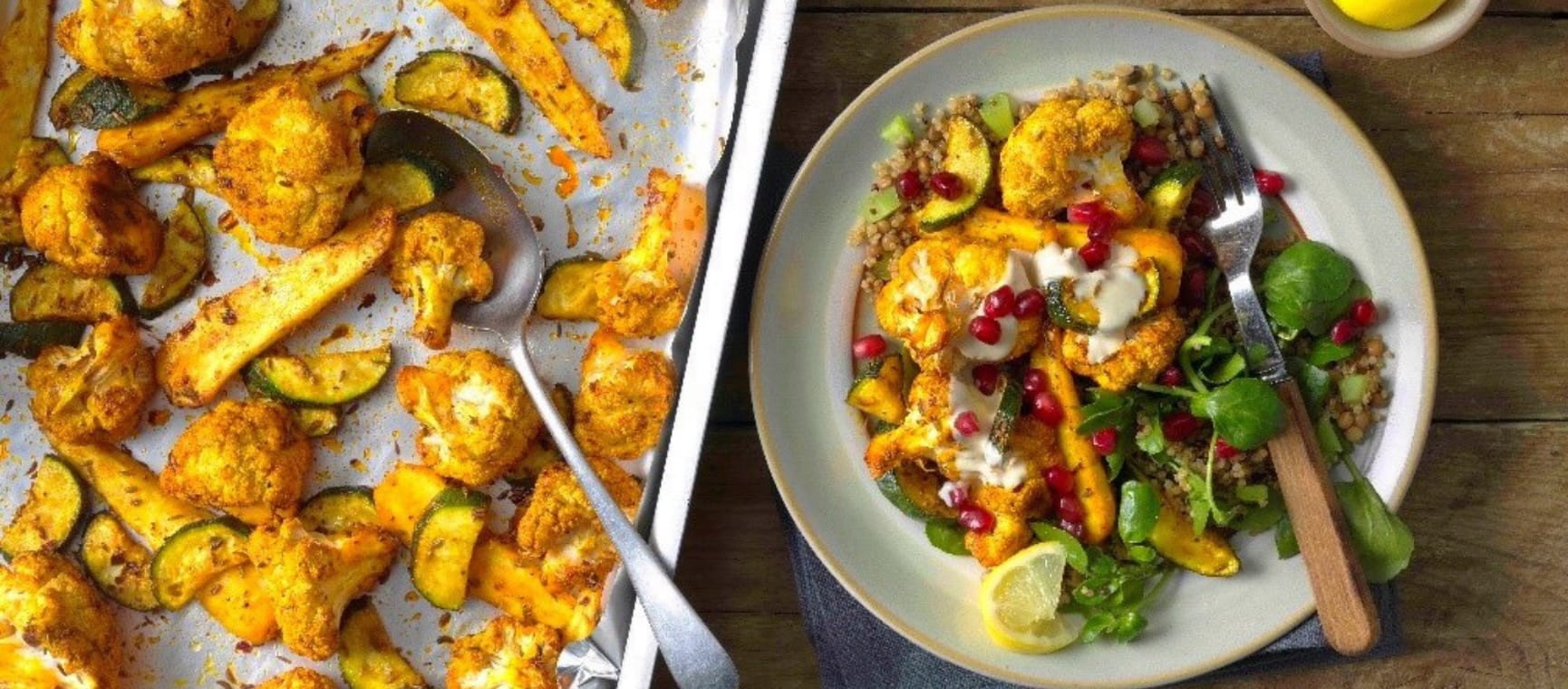 A tray of roasted spiced cauliflower and plated up