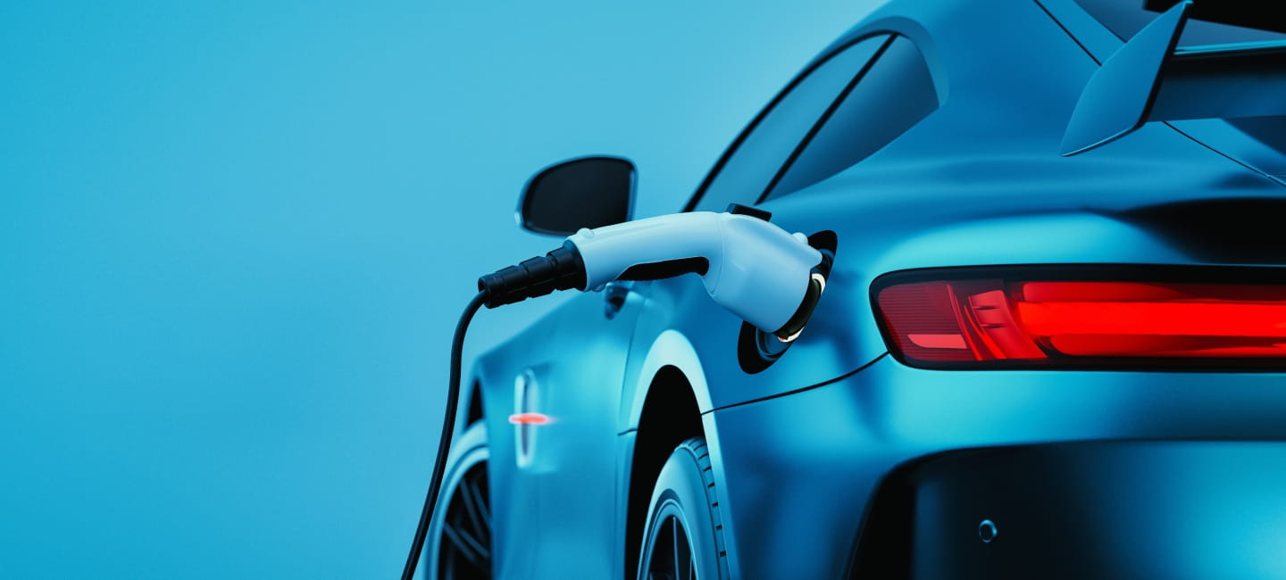 EV Electric car silhouette with low battery charging at electric charge station. 3d render and illustration.