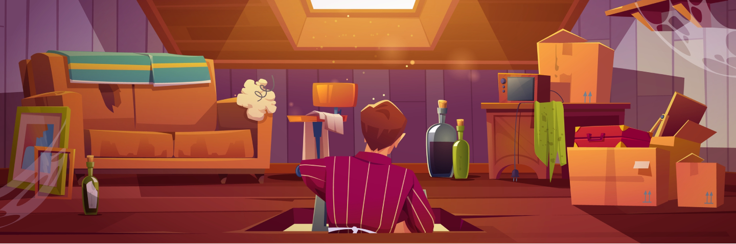 Man climb on attic by ladder through roof hatch, character in room with old things and furniture. Discreet garret with antique radio, sofa, carton boxes and wine bottles, Cartoon vector illustration
