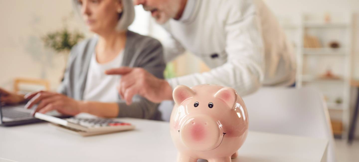 A mature couple looking at a computer screen together, with a piggy bank in front of them