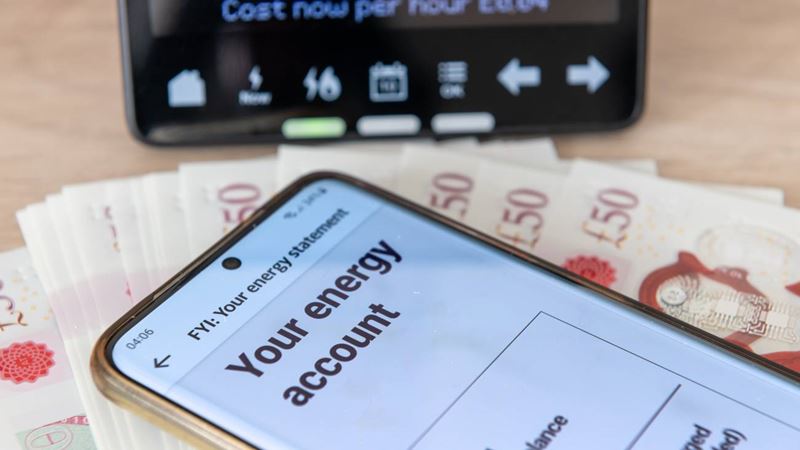 A digital bill on a mobile phone, a smart energy meter and bank notes.