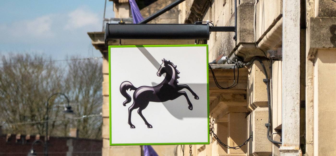High street bank logos on the wall in London"
