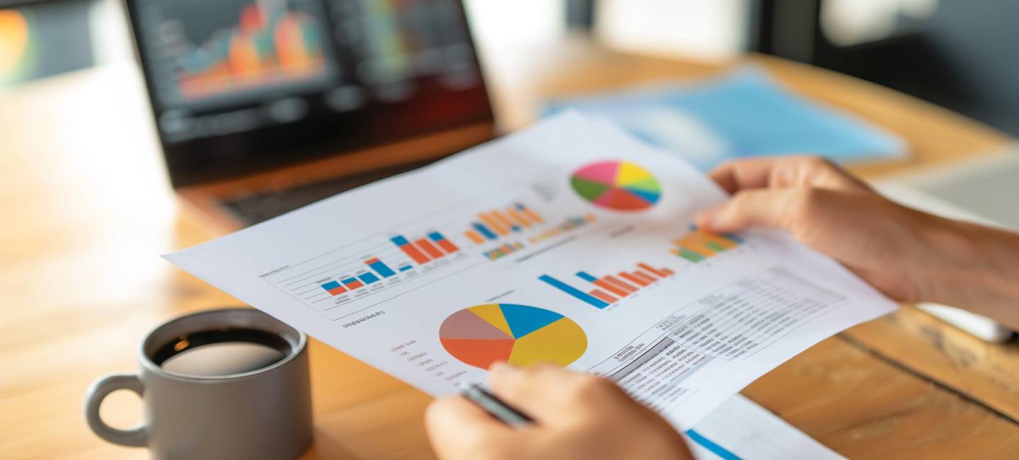 Hands Grasping Insights from Charts and Graphs in Office Context