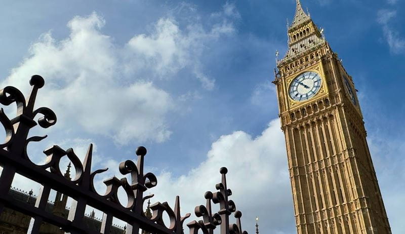 Low angle view of Big Ben, officially known as the Elizabeth Tower, Westminster, London, England.