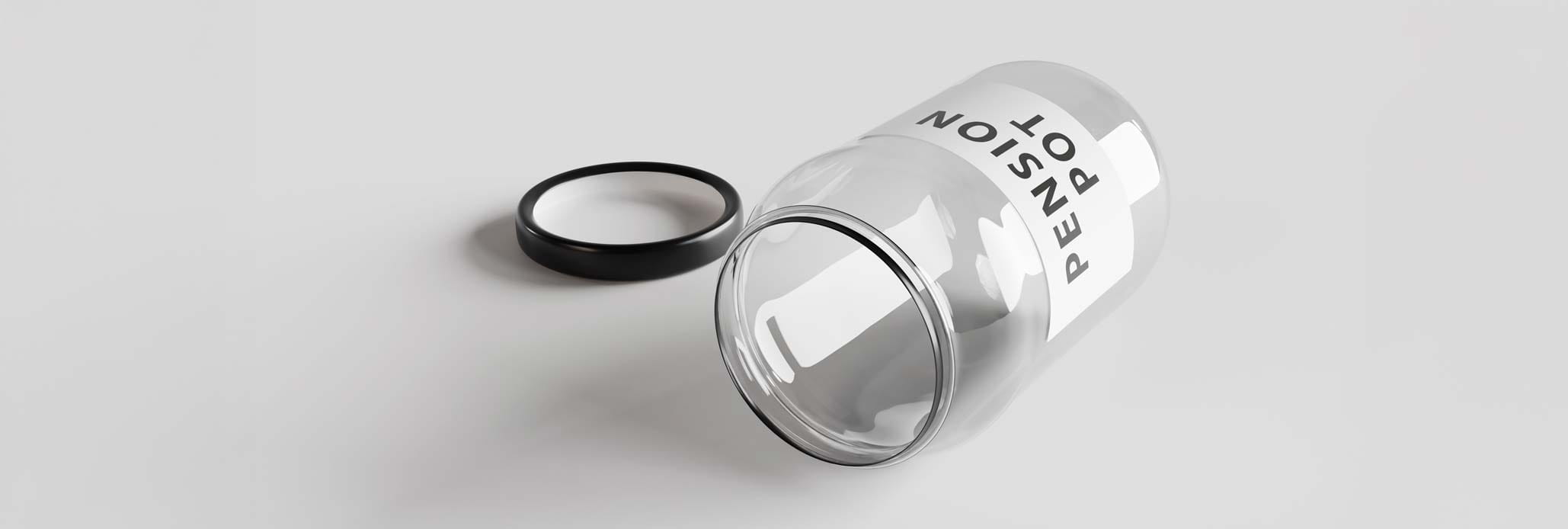 Empty open glass jar with a label written with the words PENSION POT laying on a white background. 3D illustration of the concept of retirement pension fund crisis
