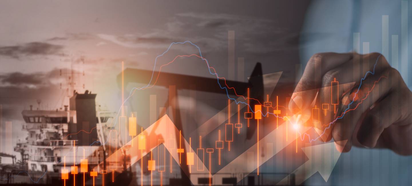 Professional analysing global energy crisis and oil price spikes. oil pumpjack, cargo ship, and financial charts. supply chain disruption, and economic inflation impact on world energy markets.