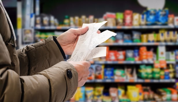 Minded man viewing receipts in supermarket and tracking prices.