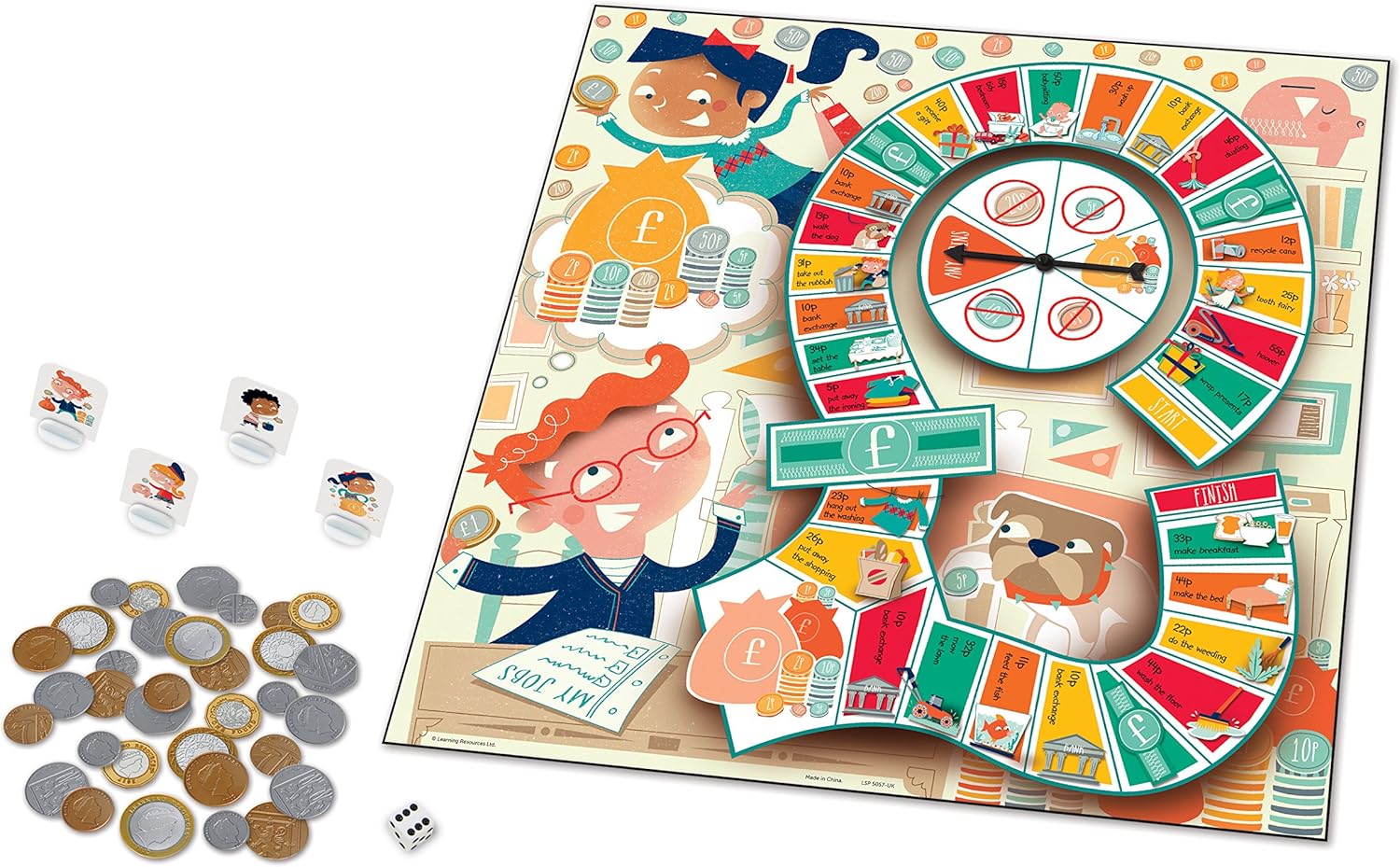 A board game of money bags, with toy coins placed to the left of the board game