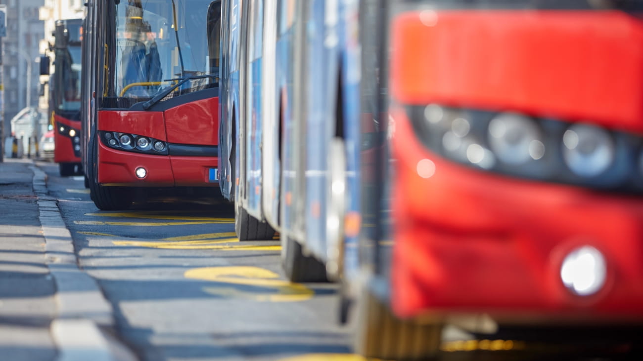 Public transportation bus in urban surroundings.