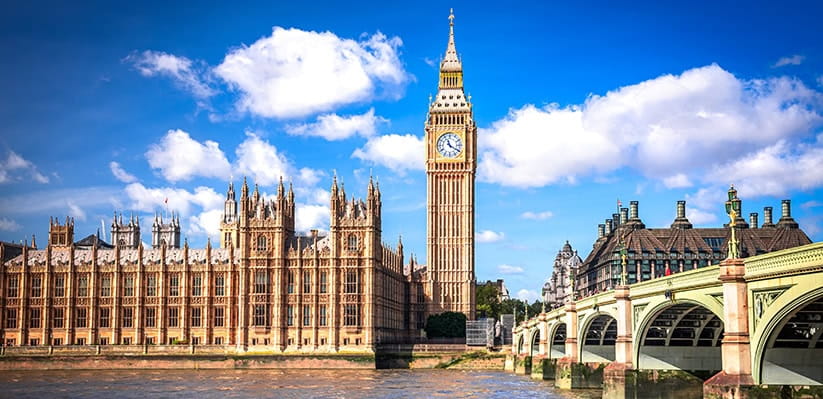 Exterior shot of the UK Houses of Parliament on a sunny afternoon