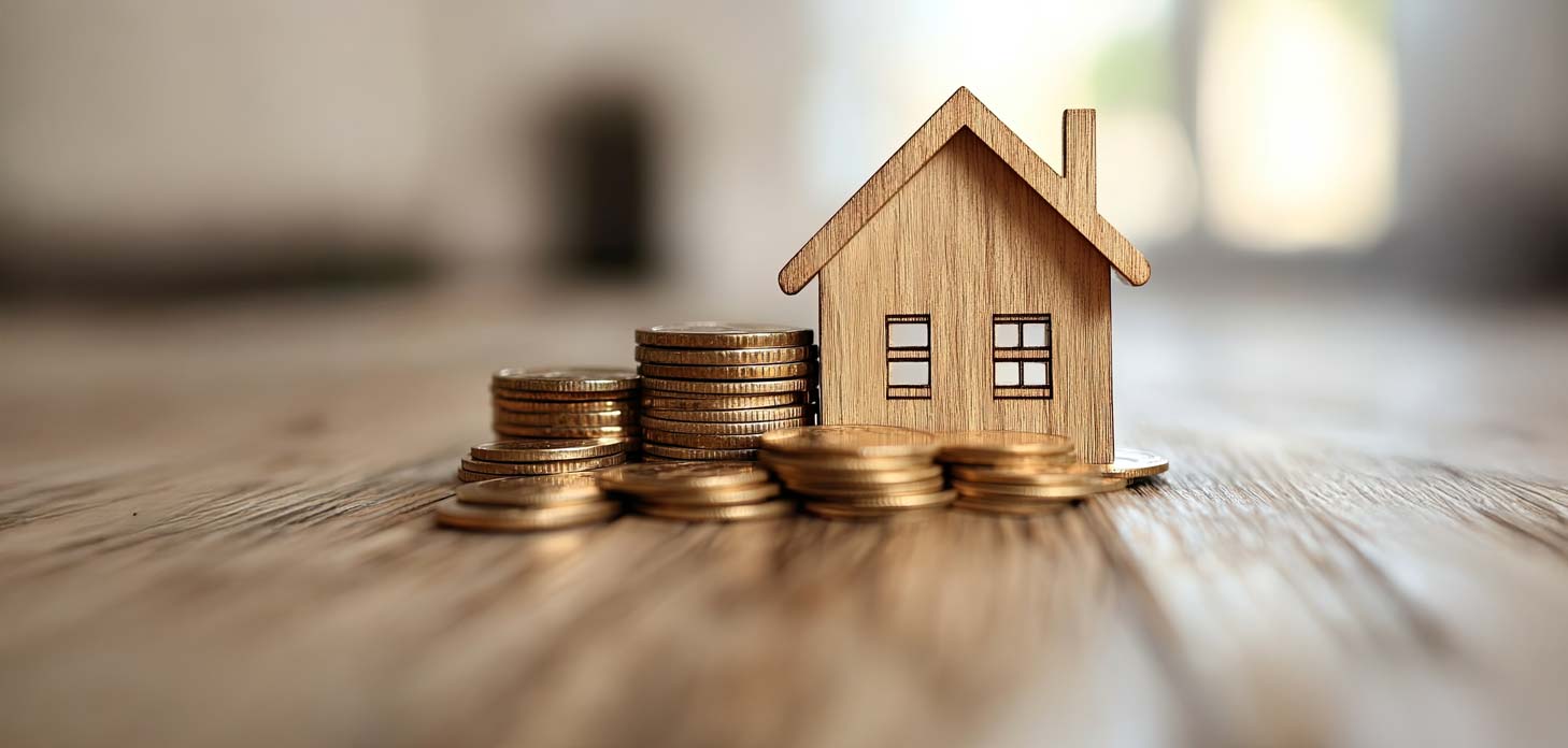 A small wooden model of a house with stacks of coins around it.