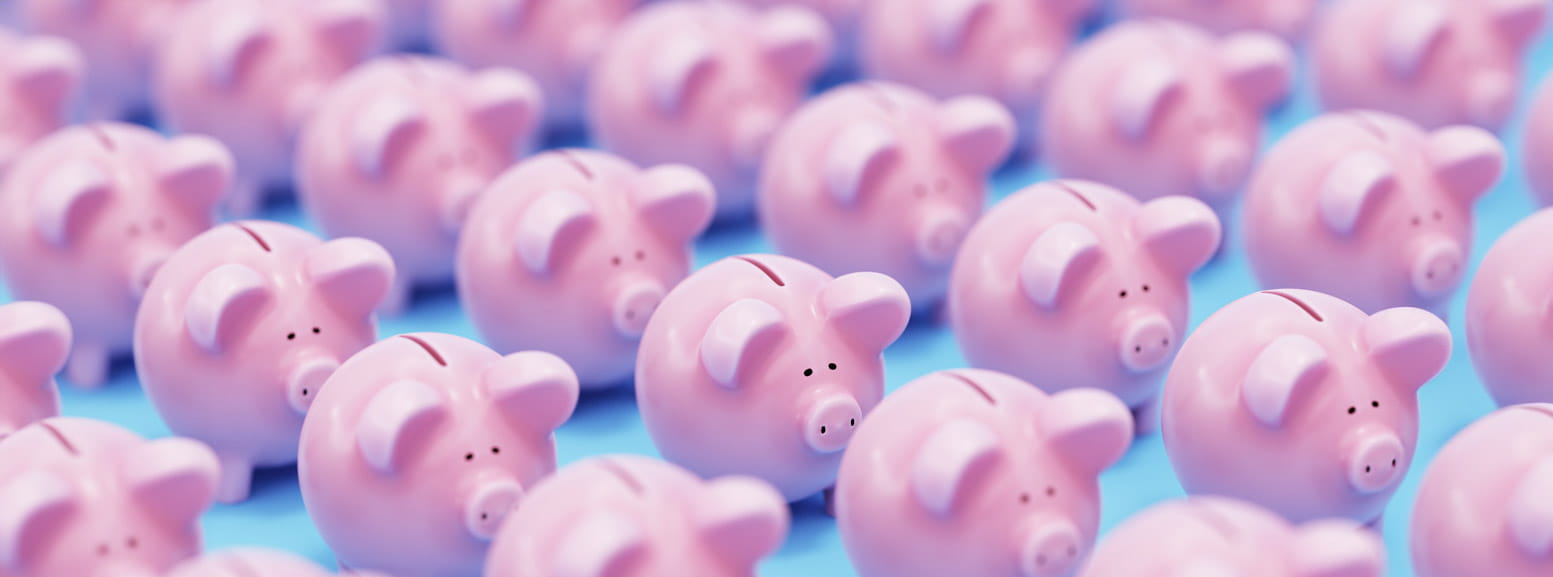 Dozens of piggy banks all laid out in rows